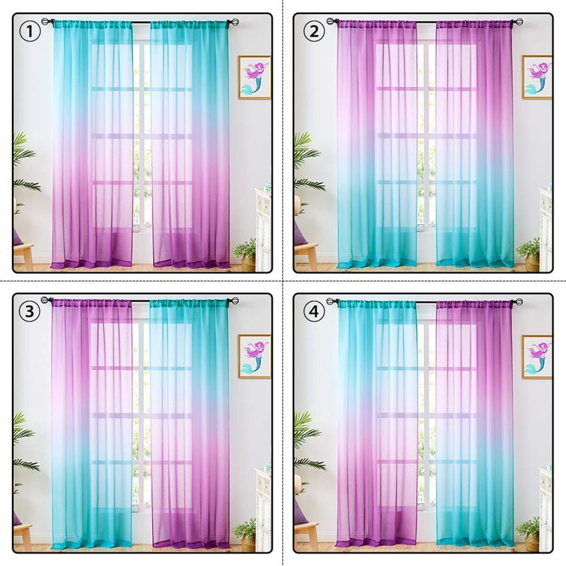 July Joy Faux Linen Ombre Sheer Curtains Blue and Purple 2 Tone Reversible Rod Pocket for Girls Bedroom, Privacy and Light Filtering Semi Gradient Window Curtain Pair, Set of 2 Panels, 54 x 84 inch - Image 2